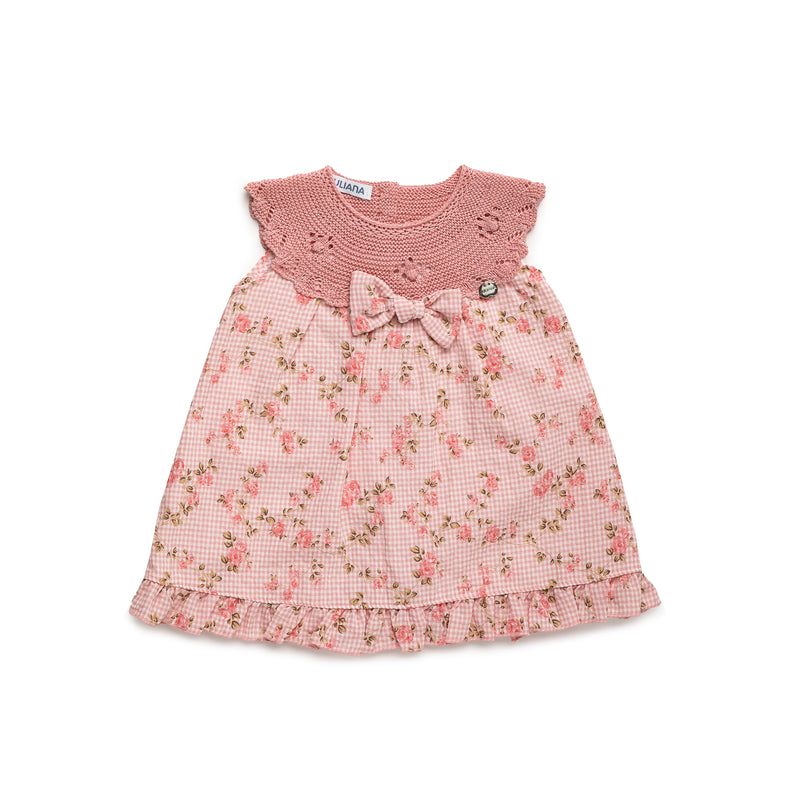 VESTIDO CUERPO PUNTO REDONDO CUADROS FLORES